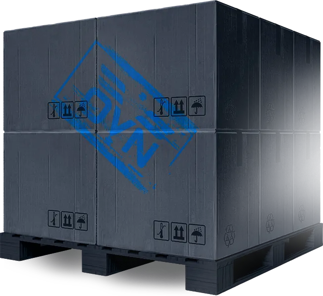 A pallet of boxes branded with the OVN logo
